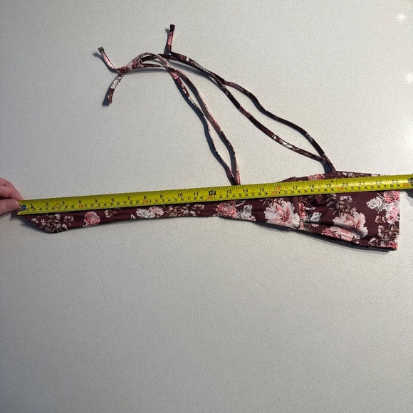 Floral Tie-Up Bandeau Bikini Top Red/Brownish Color w/ Pink and White Floral - Picture 4 of 5